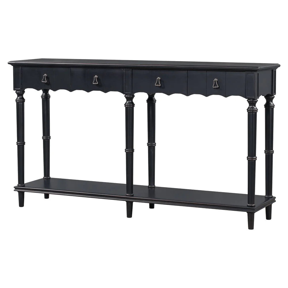 Tyra 63 Inch Console Sideboard Table, Grooved 4 Drawers, Turned Legs, Black - BM285473