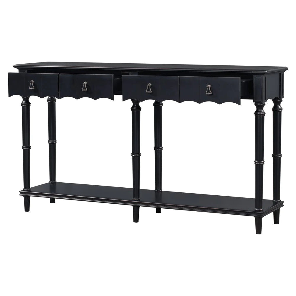 Tyra 63 Inch Console Sideboard Table, Grooved 4 Drawers, Turned Legs, Black - BM285473