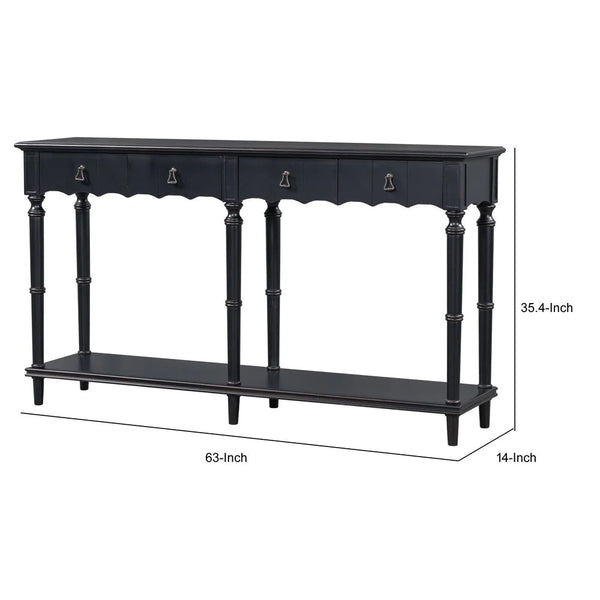 Tyra 63 Inch Console Sideboard Table, Grooved 4 Drawers, Turned Legs, Black - BM285473