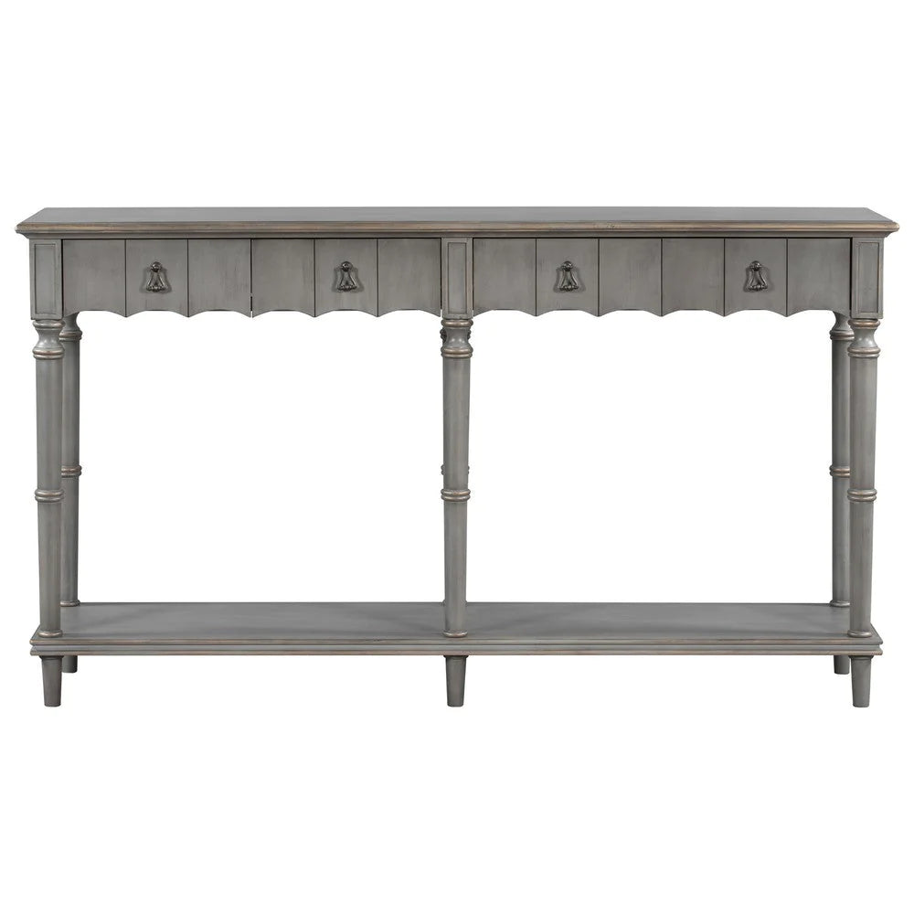 Tyra 63 Inch Console Sideboard Table, Grooved 4 Drawers, Turned Legs, Gray - BM285474