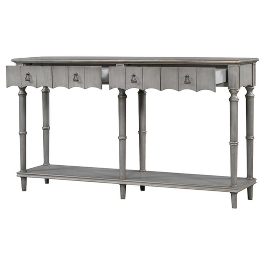 Tyra 63 Inch Console Sideboard Table, Grooved 4 Drawers, Turned Legs, Gray - BM285474