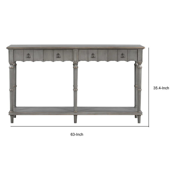 Tyra 63 Inch Console Sideboard Table, Grooved 4 Drawers, Turned Legs, Gray - BM285474