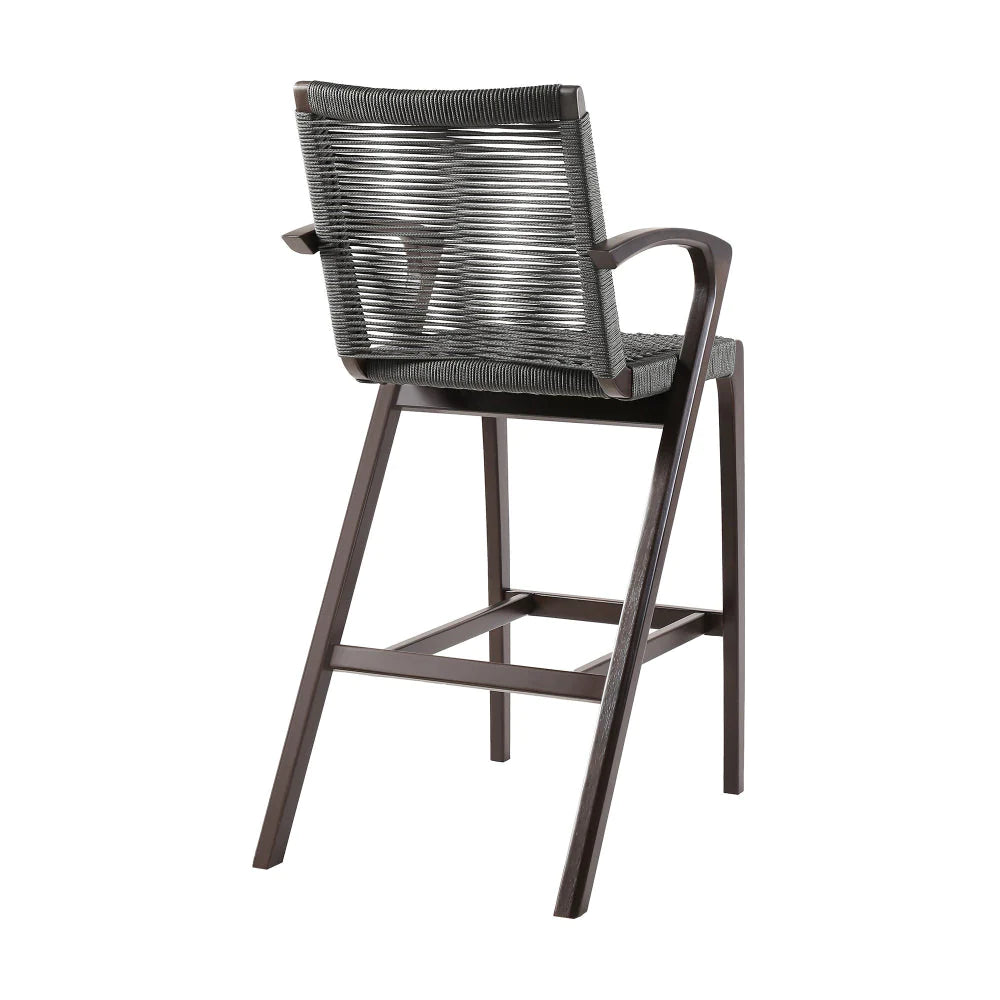 Ivan 30 Inch Barstool, Dark Brown Eucalyptus Wood Frame, Gray Rope Weave - BM295635