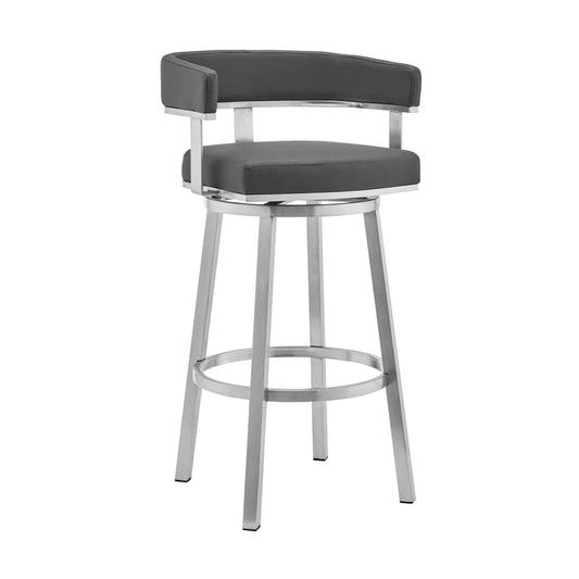 Sez 26 Inch Modern Swivel Barstool Armchair, Backrest, Gray Faux Leather - BM295659