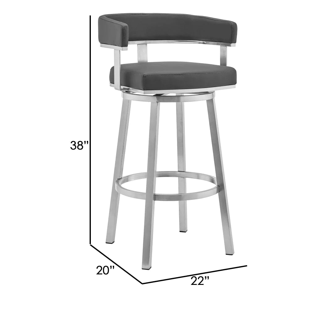 Sez 26 Inch Modern Swivel Barstool Armchair, Backrest, Gray Faux Leather - BM295659