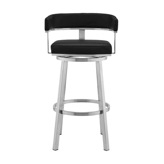 Sez 26 Inch Modern Swivel Counter Stool Arm Chair, Backrest, Steel, Black - BM295686