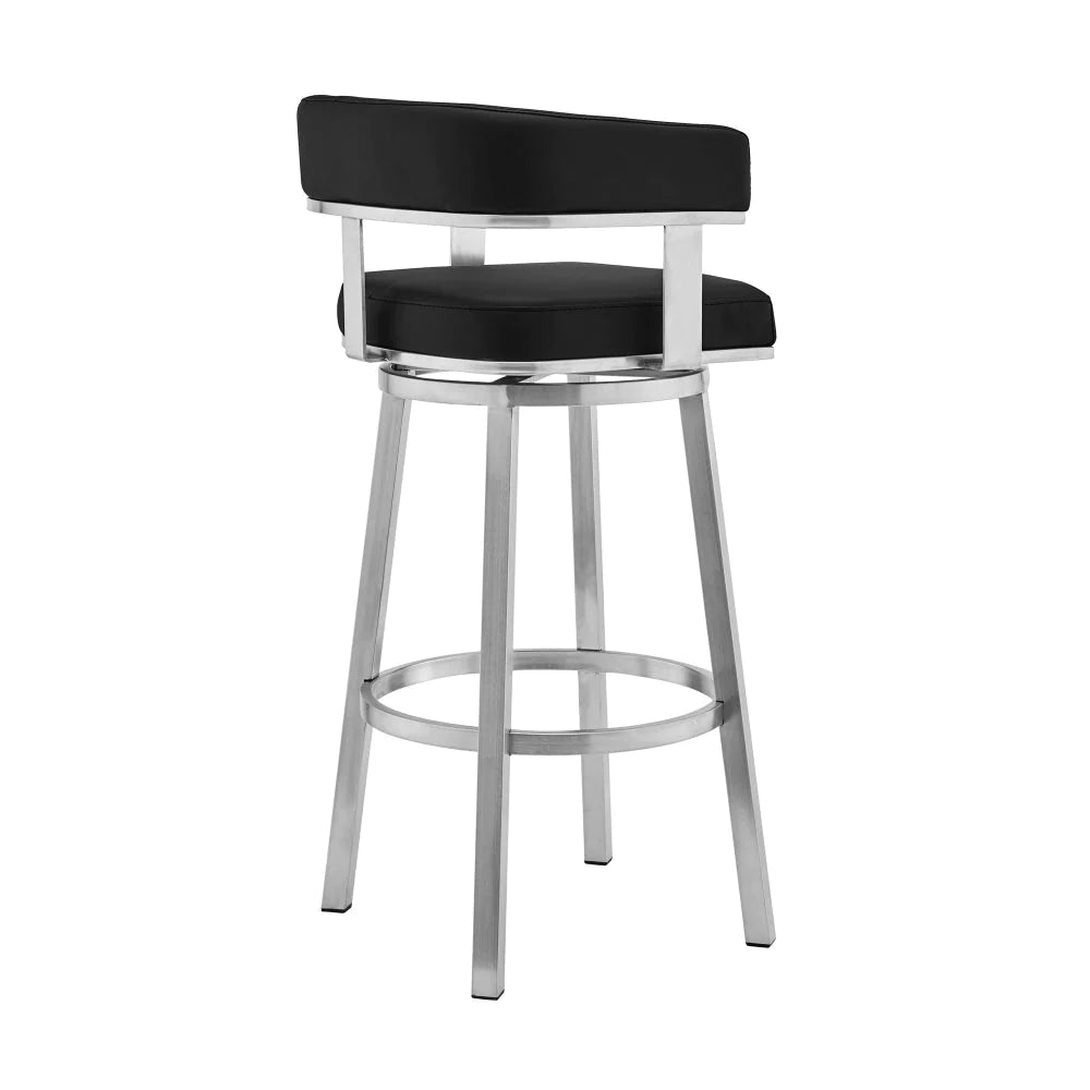 Sez 26 Inch Modern Swivel Counter Stool Arm Chair, Backrest, Steel, Black - BM295686