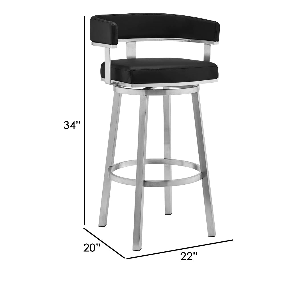 Sez 26 Inch Modern Swivel Counter Stool Arm Chair, Backrest, Steel, Black - BM295686