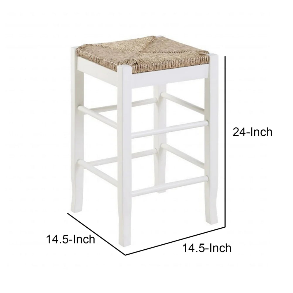 Square Wooden Frame Counter Stool With Hand Woven Rush, White And Brown - BM61433