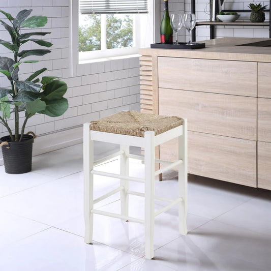 Square Wooden Frame Counter Stool With Hand Woven Rush, White And Brown - BM61433