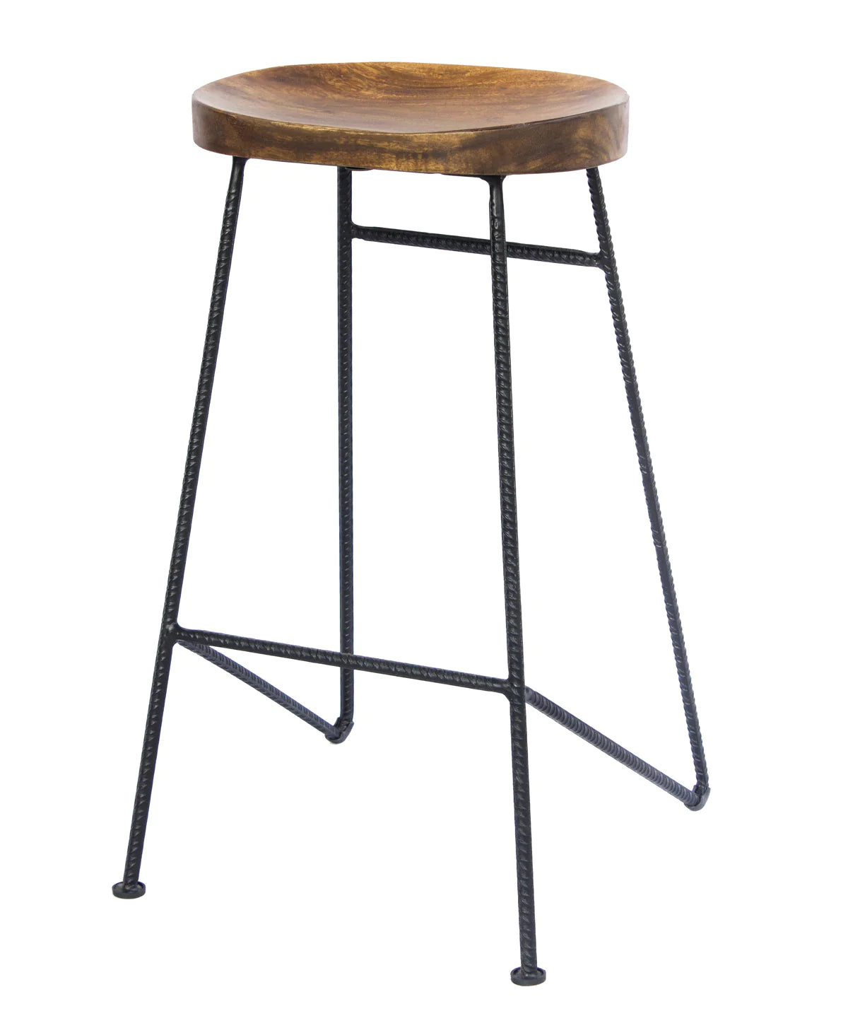 Mango Wood Saddle Seat Bar Stool With Iron Rod Legs, Brown And Black - UPT-183797