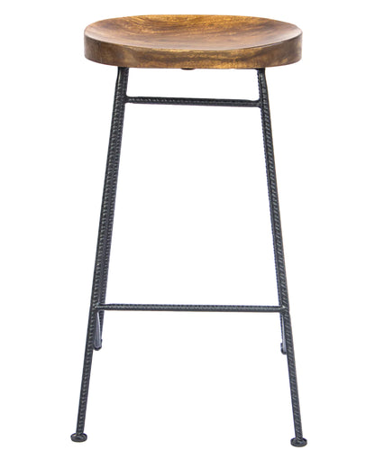 Mango Wood Saddle Seat Bar Stool With Iron Rod Legs, Brown And Black - UPT-183797