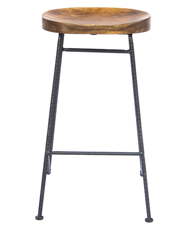 Mango Wood Saddle Seat Bar Stool With Iron Rod Legs, Brown And Black - UPT-183797