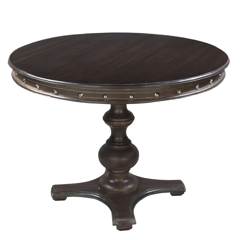 42 Inch Handcrafted Round Mango Wood Dining Table, Subtle Rivet Accents, Turned Pedestal Base, Dark Brown - UPT-215752