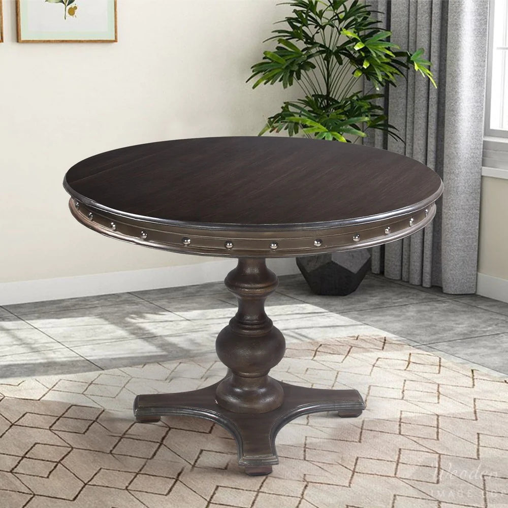 42 Inch Handcrafted Round Mango Wood Dining Table, Subtle Rivet Accents, Turned Pedestal Base, Dark Brown - UPT-215752