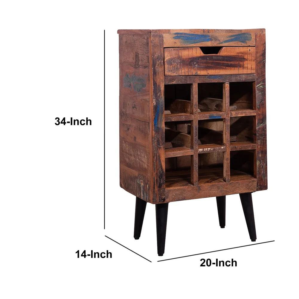 9 Bottle Storage Wine Rack Cabinet With 1 Drawer And Angled Metal Legs, Brown - UPT-238092