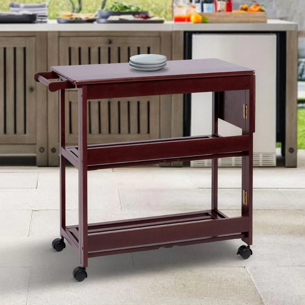 38 Inch Rubberwood Kitchen Cart, Knife Holder, Folding Frame, 2 Open Shelves, Brown - UPT-266389