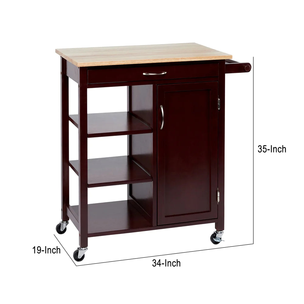 Wooden Rectangular Kitchen Cart With 1 Door And Open Compartments, Espresso Brown - UPT-266390