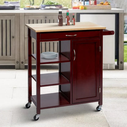 Wooden Rectangular Kitchen Cart With 1 Door And Open Compartments, Espresso Brown - UPT-266390