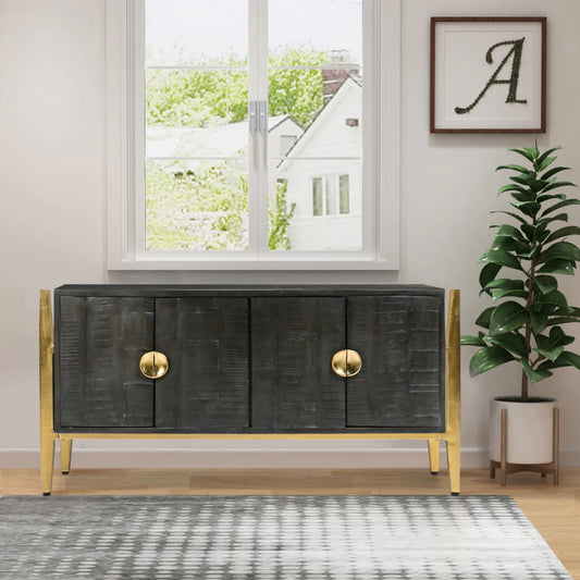 Tali 48 Inch Accent Sideboard Buffet Cabinet, 2 Doors With Gold Round Handles, Saw Marked, Charcoal Gray Acacia Wood - UPT-272889