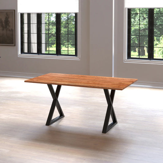 67 Inch Rectangular Dining Table With Crossed Black Metal Legs And Natural Brown Faux Live Edge Acacia Wood Top - UPT-273760