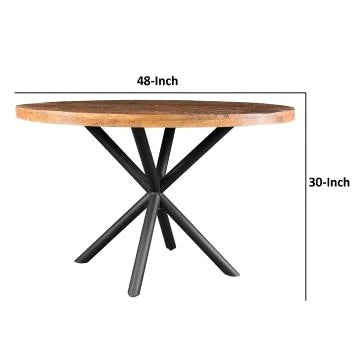 48 Inch Handcrafted Dining Table, Solid Mango Wood Round Top With Iron Crisscrossed Legs, Natural Brown And Black - UPT-273762
