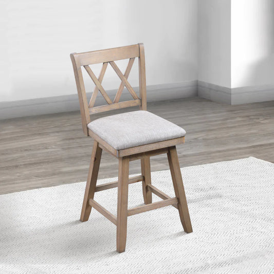 Jasmine 24" Handcrafted Rustic 360 Degree Swivel Counter Stool Chair, Distressed Oak Brown, Gray Seat Cushion - UPT-295406