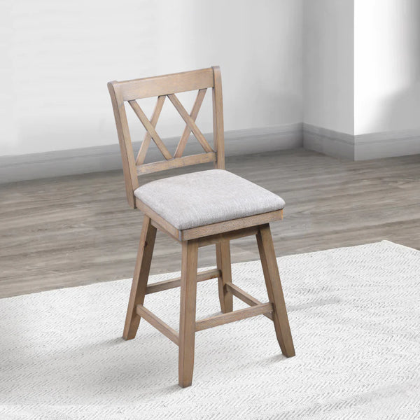 Jasmine 24 Handcrafted Rustic 360 Degree Swivel Counter Stool Chair, Distressed Oak Brown, Gray Seat Cushion - UPT-295406