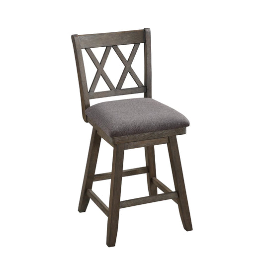 asmine 24" Handcrafted Rustic 360 Degree Swivel Counter Stool Chair, Distressed Walnut Brown, Gray Seat Cushion - UPT-295407