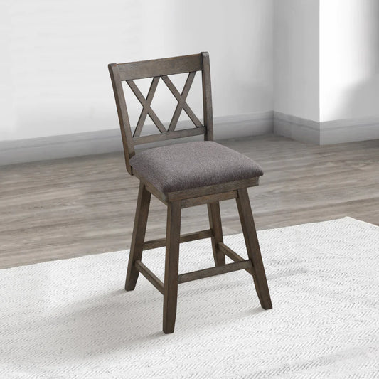 asmine 24" Handcrafted Rustic 360 Degree Swivel Counter Stool Chair, Distressed Walnut Brown, Gray Seat Cushion - UPT-295407