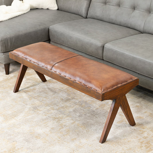 Chad Genuine Tan Leather Bench | Ashcroft Furniture | Houston TX | The Best Drop shipping Supplier in the USA