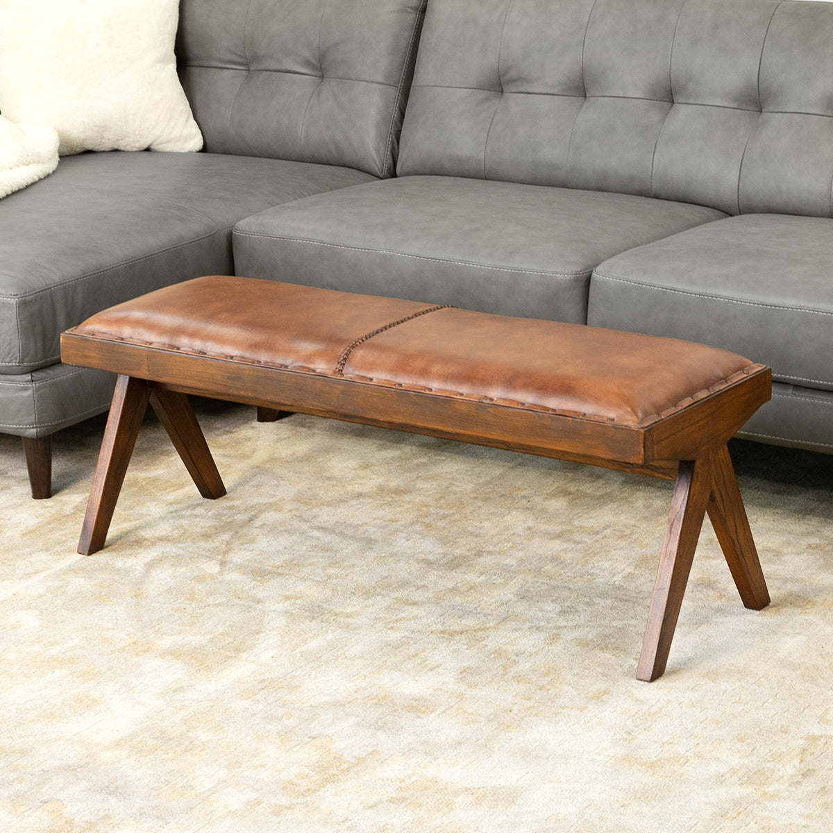 Chad Genuine Tan Leather Bench | Ashcroft Furniture | Houston TX | The Best Drop shipping Supplier in the USA