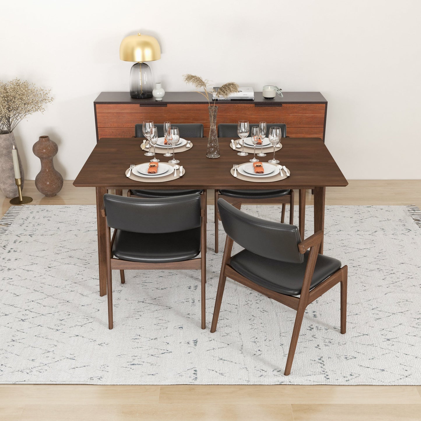 Carlos Large Walnut Dining Set - 4 Edwin Black Leather Chairs | Ashcroft Furniture | TX | The Best Drop shipping Supplier in the USA